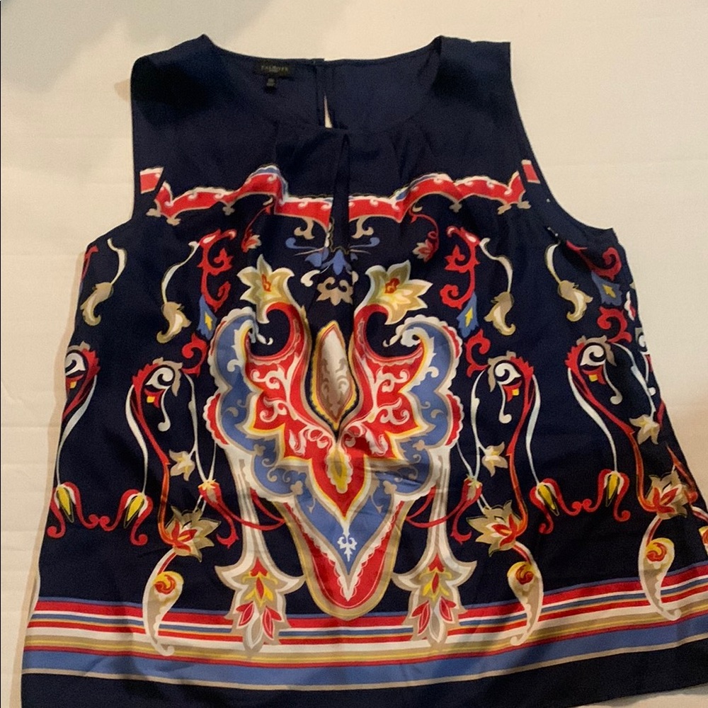 Talbots Elegant Navy Sleeveless Top with Vibrant Print